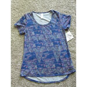 New LuLaRoe Classic T Shirt Top Womans XXS Comfy Blue with Pink Cream Triangles!